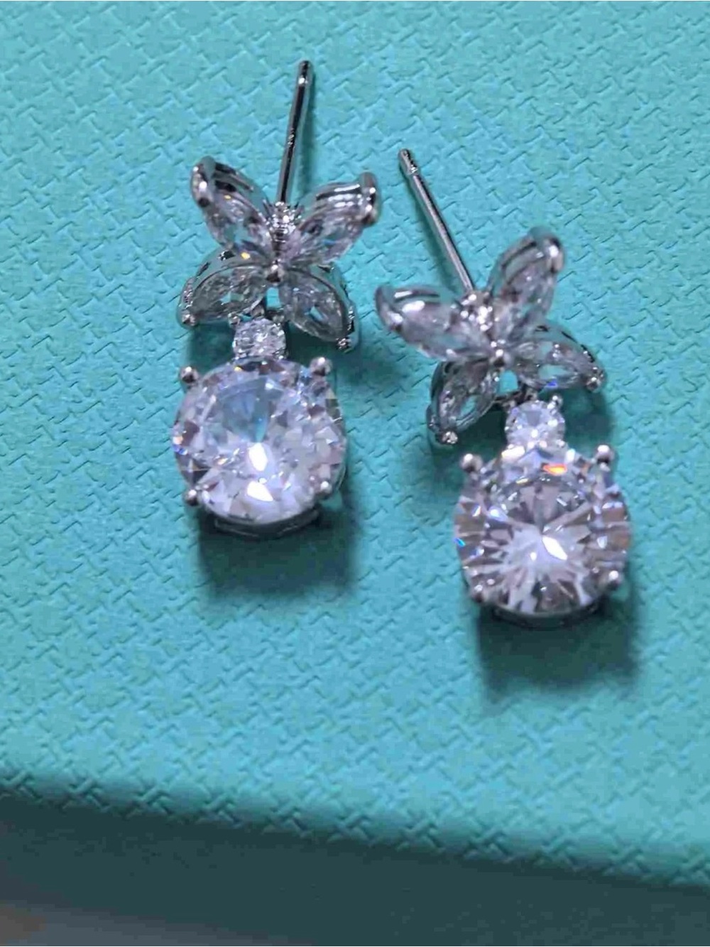 Silver Butterfly Drop Earrings - Clear Crystal